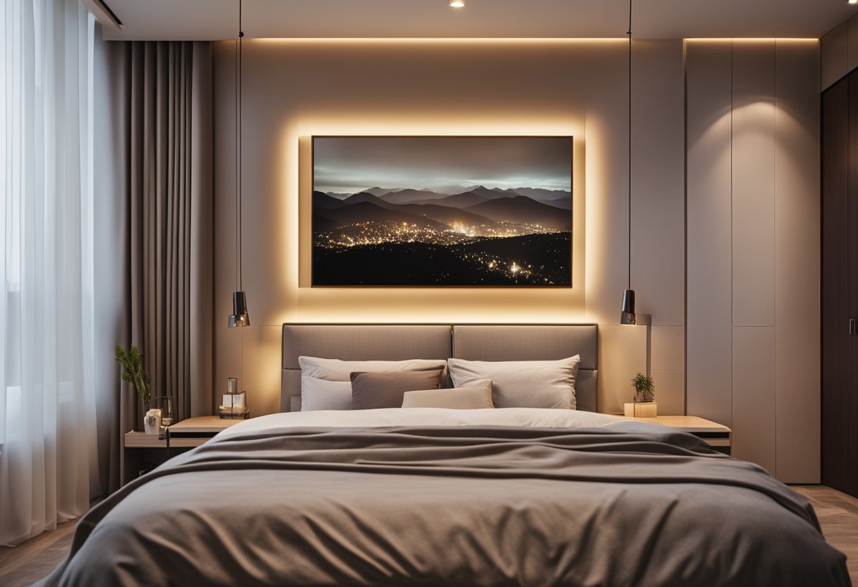 The bedroom is softly lit with pin lights, casting warm, complementary glows on the walls and ceiling
