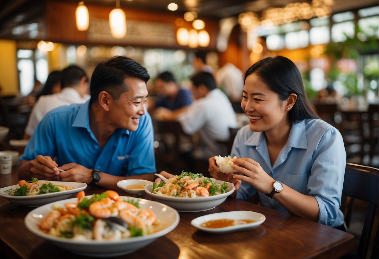Customers enjoying a seafood feast at Thongchai Seafood, with waitstaff providing attentive service and a bustling, vibrant dining atmosphere