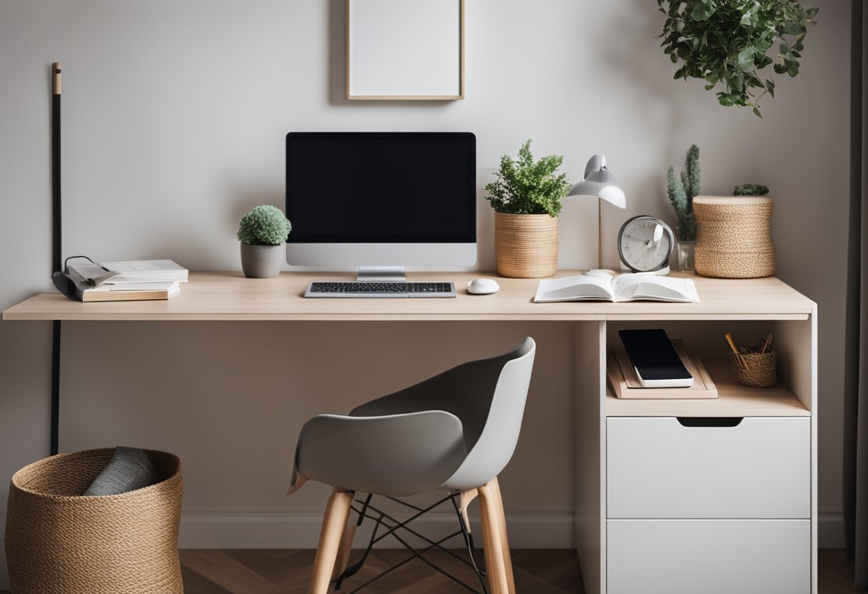 A sleek, modern study table sits in the corner of a cozy bedroom. The table features clean lines and a minimalist design, with a built-in drawer for storage