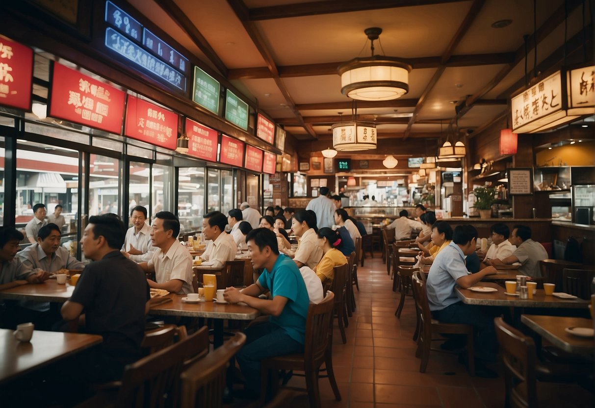 A bustling seafood restaurant with customers dining, servers moving between tables, and a prominent "Frequently Asked Questions Thongchai Seafood" sign