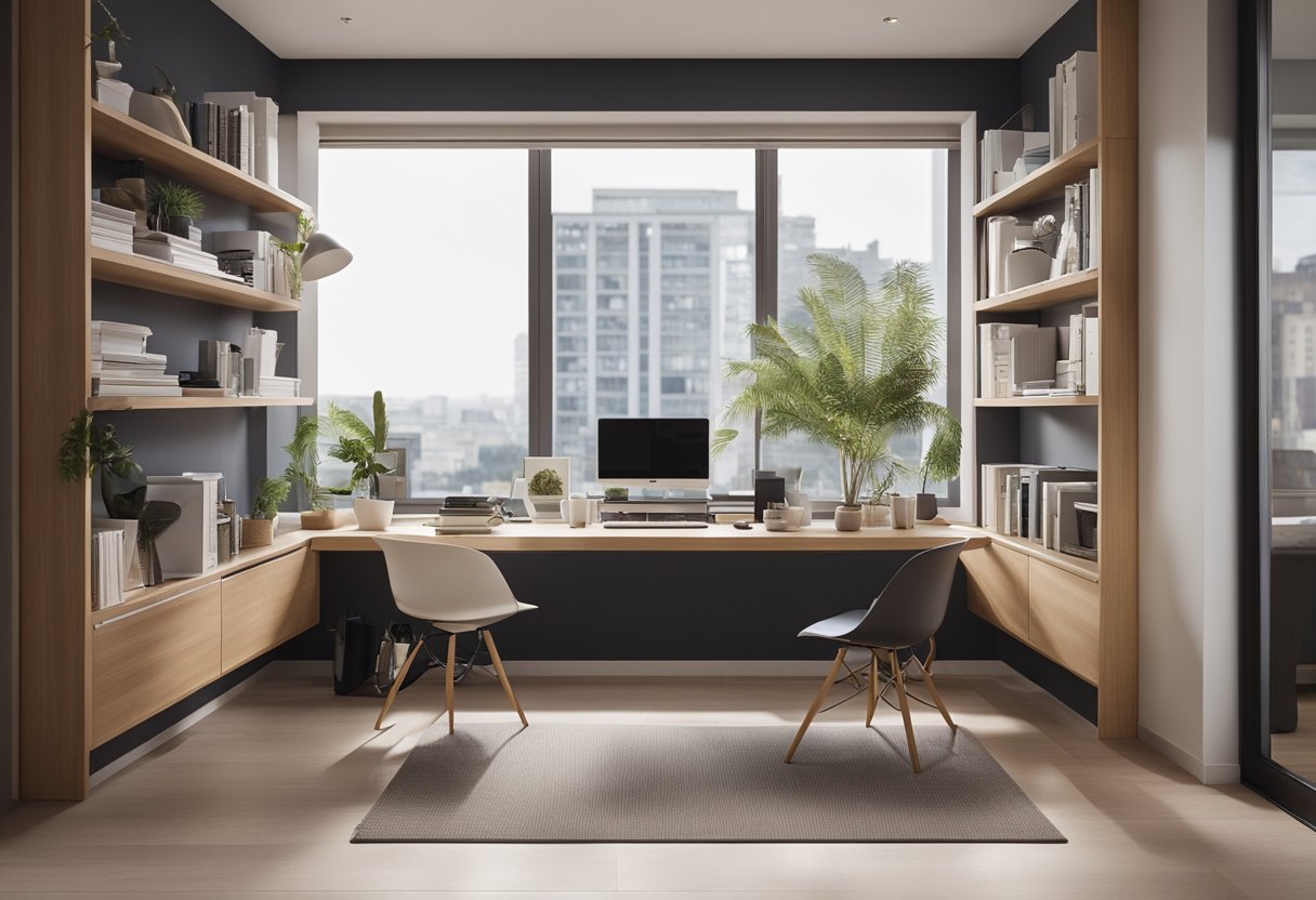 A sleek, modern study table with built-in shelves and a pull-out keyboard tray, placed against a bedroom wall with a large window providing natural light