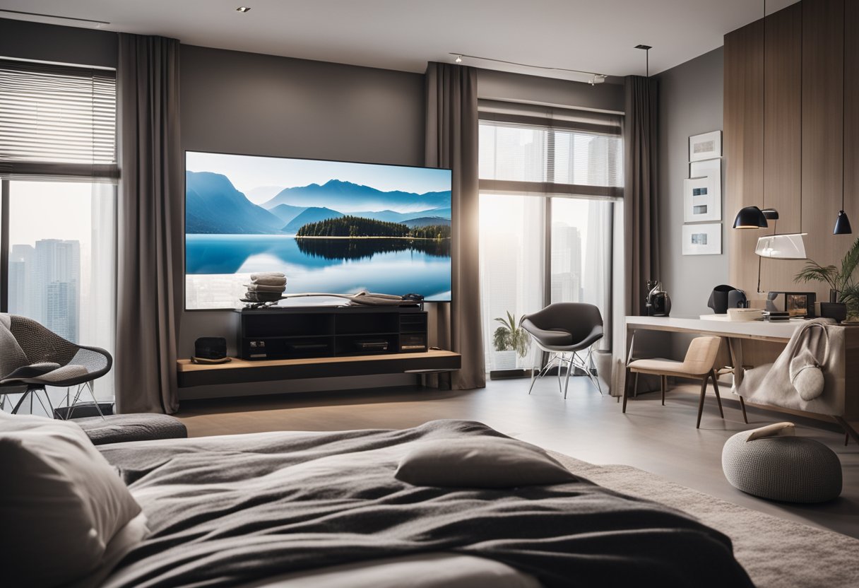 A modern bedroom with a sleek TV mounted on the wall, surrounded by minimalist decor and soft lighting