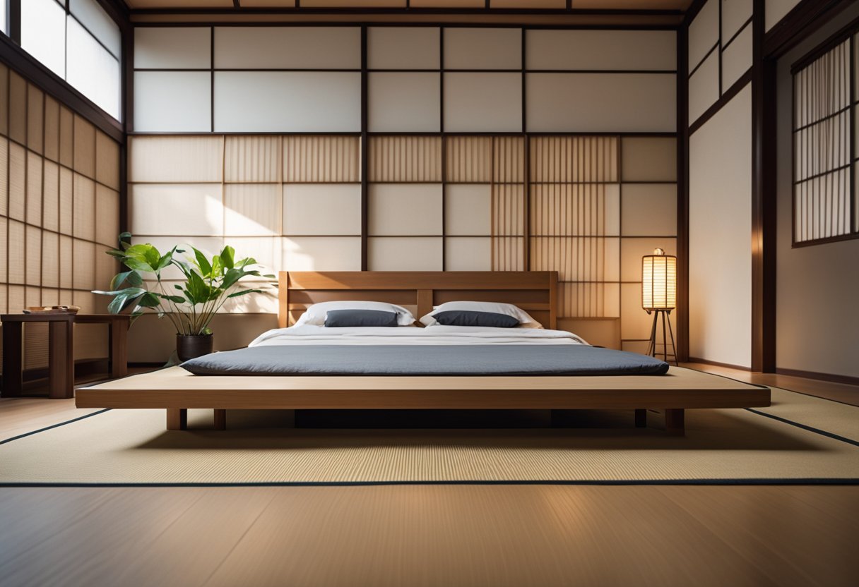 A low platform bed with tatami mat flooring, sliding shoji screens, and minimal furniture in a small Japanese bedroom