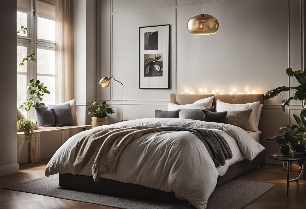A cozy bedroom with a large, plush bed, soft lighting, and a stylish, minimalist decor. A large window lets in natural light, and a small desk provides a workspace