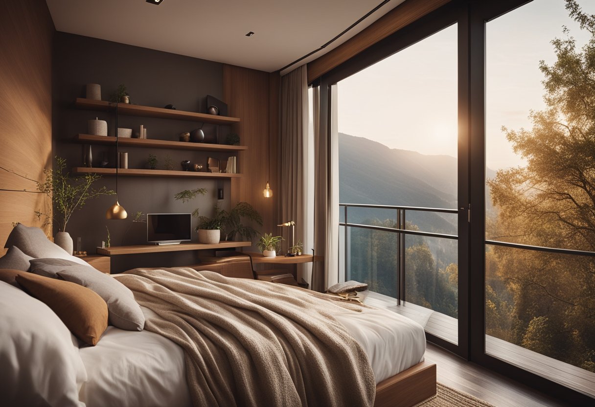 A cozy bedroom with a balcony overlooking a serene landscape, decorated with warm tones and personal touches