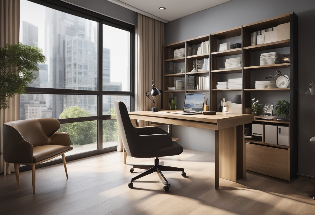 A corner study table with a sleek design and ample storage space, positioned near a window for natural light, with a comfortable chair and task lighting