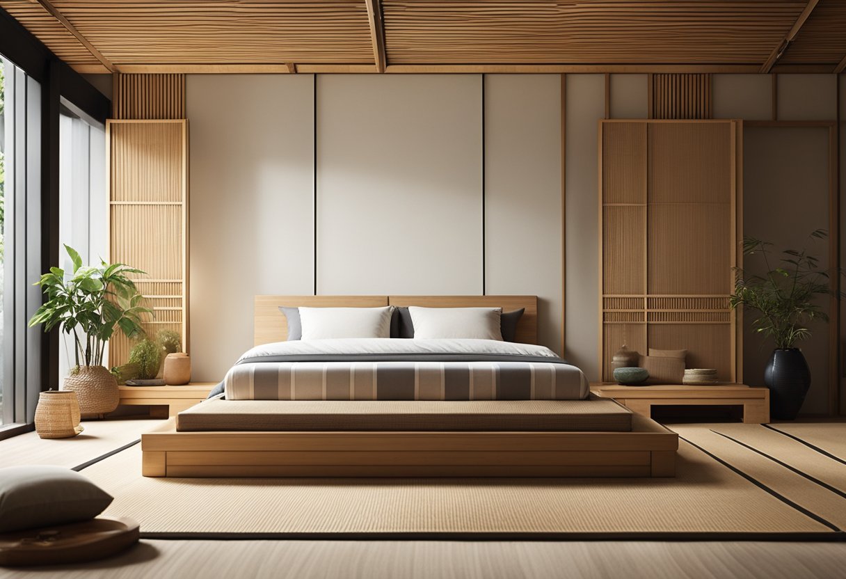 A low platform bed with tatami flooring, sliding shoji screens, minimal furniture, and natural materials like wood and bamboo