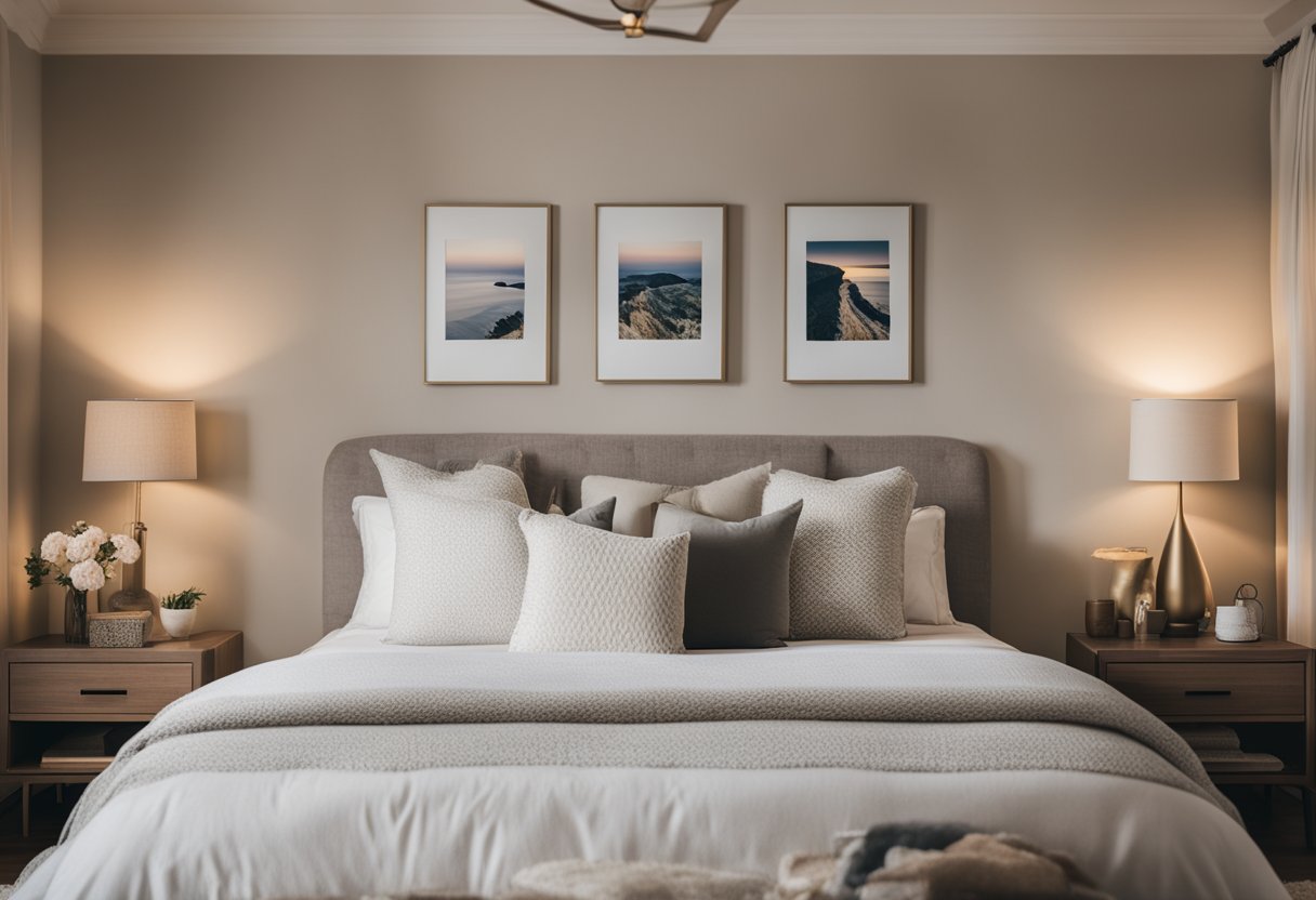A cozy bedroom with a neutral color palette, soft lighting, and a comfortable bed with layered textiles and decorative pillows. The room includes a nightstand with a lamp, a dresser with a mirror, and a cozy reading nook with a plush chair and