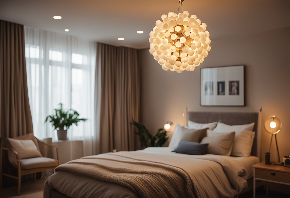 A pin light fixture illuminates a cozy bedroom, casting a warm glow on the walls and ceiling. The soft light creates a calming and inviting atmosphere, perfect for relaxation and unwinding