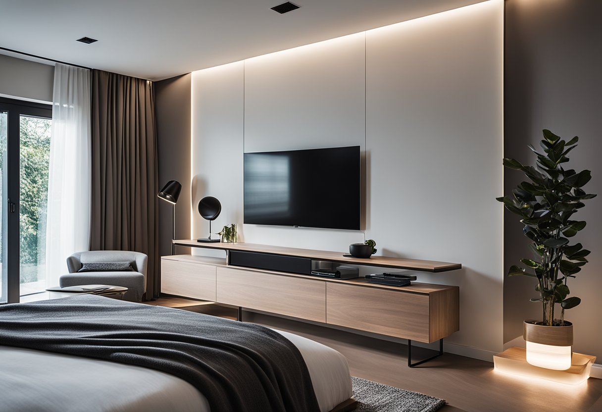 A sleek, wall-mounted TV seamlessly integrated into a minimalist bedroom design, with hidden wiring and adjustable lighting for a modern and innovative look