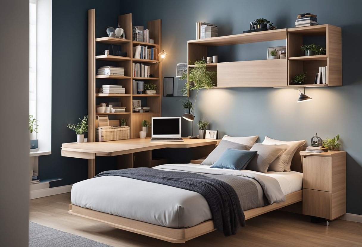 A cozy bedroom with a space-saving design, featuring a fold-down desk, wall-mounted shelves, and a multi-functional storage bed