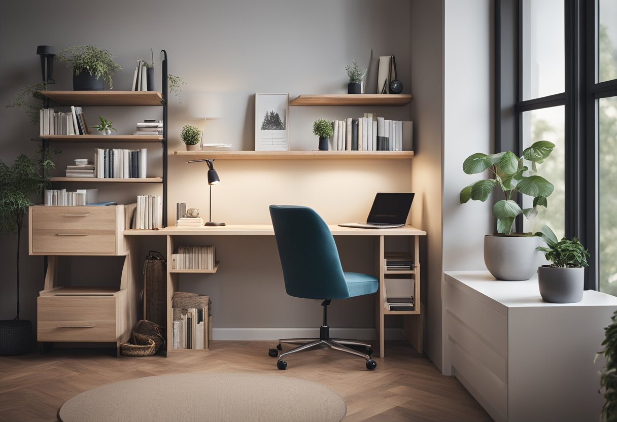 A cozy bedroom corner with a study table, bookshelf, and a comfortable chair. The table has neatly organized FAQ documents and a laptop