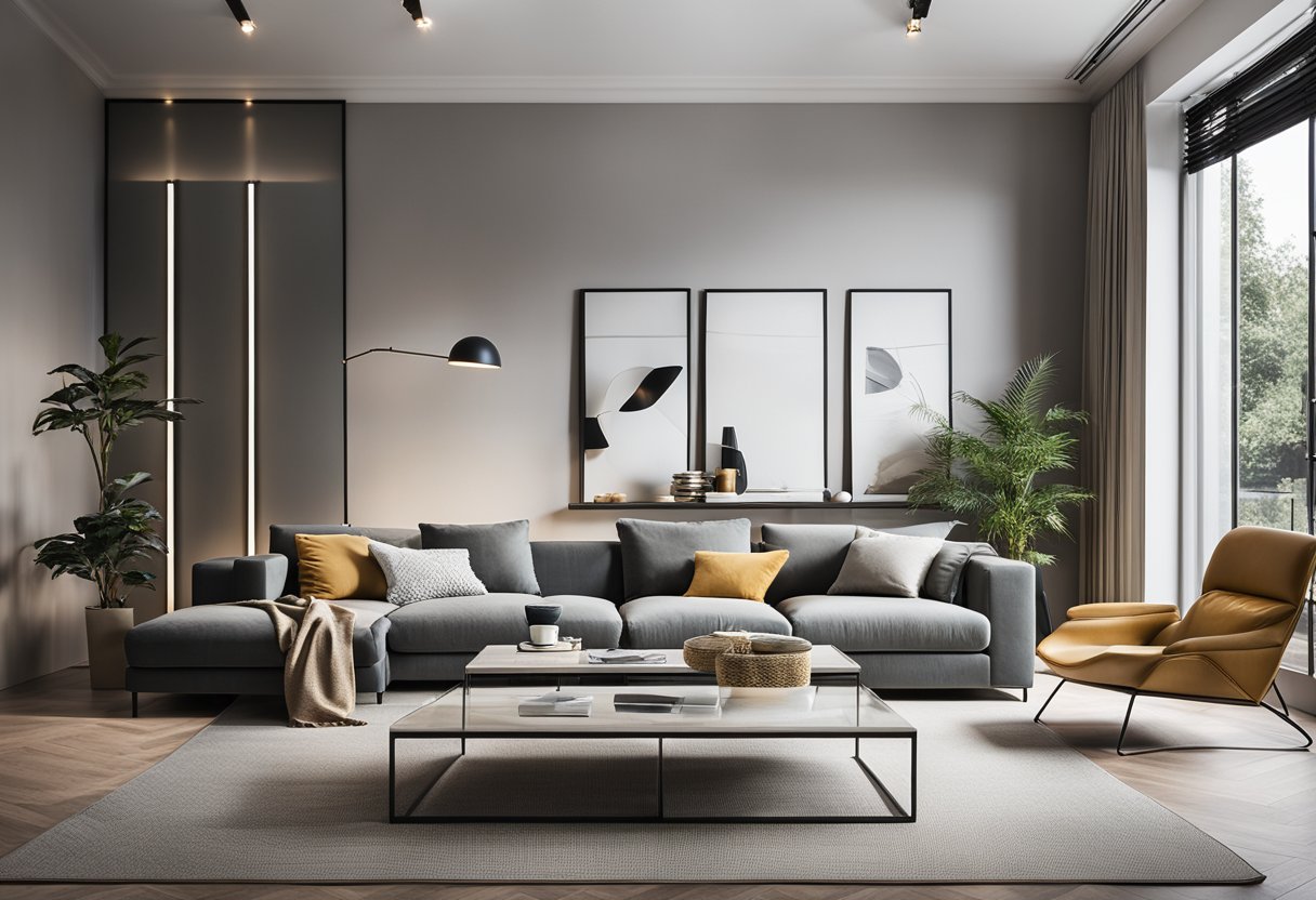 A modern living room with a minimalist color palette, featuring sleek furniture, bold accent pieces, and soft lighting
