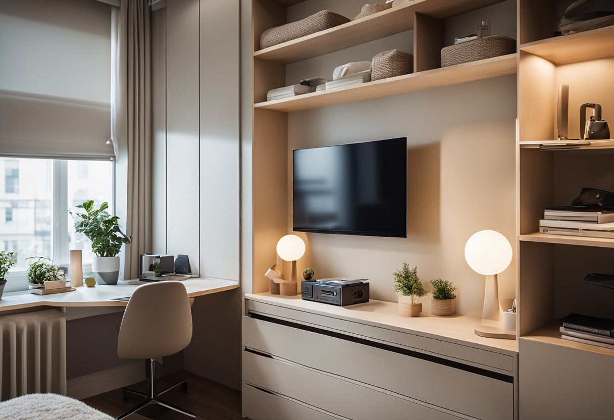 A cozy bedroom with clever storage solutions, a fold-down desk, and a wall-mounted TV. Soft lighting and neutral colors create a calming atmosphere