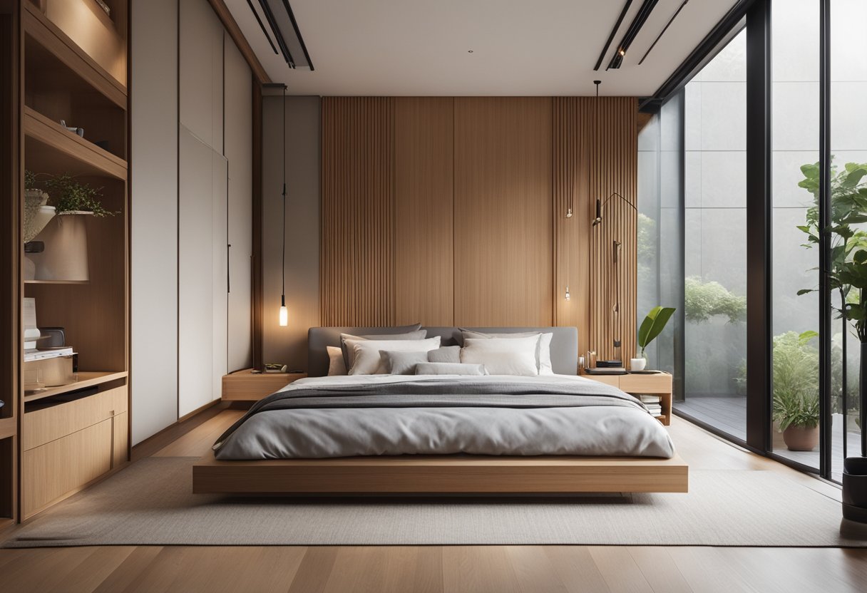 A cozy Japanese bedroom with minimalist furniture and sliding doors, utilizing space-saving design elements like built-in storage and a low platform bed