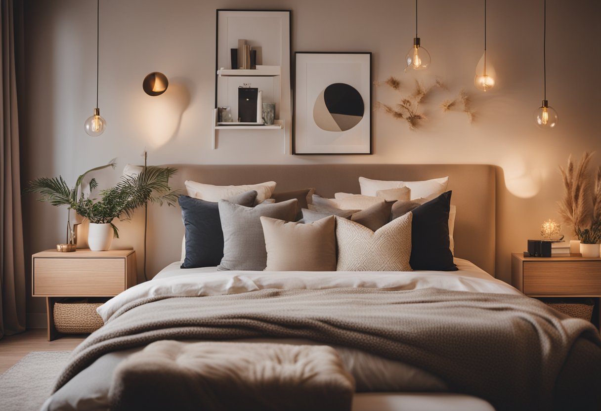 A cozy bedroom with warm lighting, soft textures, and decorative accents creating a tranquil and inviting atmosphere