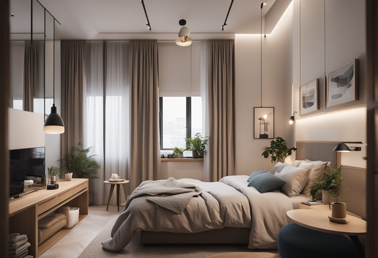 A cozy small bedroom with a connected bathroom, featuring a simple yet functional design with a neutral color palette and space-saving furniture