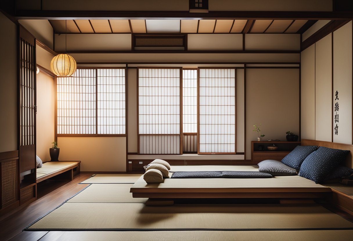 A cozy Japanese bedroom with tatami flooring, sliding shoji screens, low futon bed, and minimal furniture, maximizing space