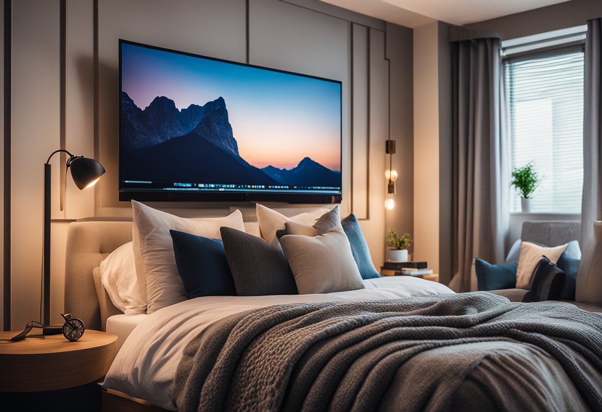 A cozy bedroom with warm lighting, a large flat-screen TV mounted on the wall, and a comfortable seating area with plush pillows and a soft throw blanket