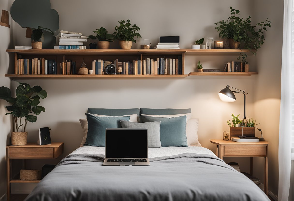 A cozy bedroom with a desk, bookshelf, and comfortable bed. A laptop and notebook are on the desk, with a stack of books on the shelf. The room is well-lit with natural light coming in through the window