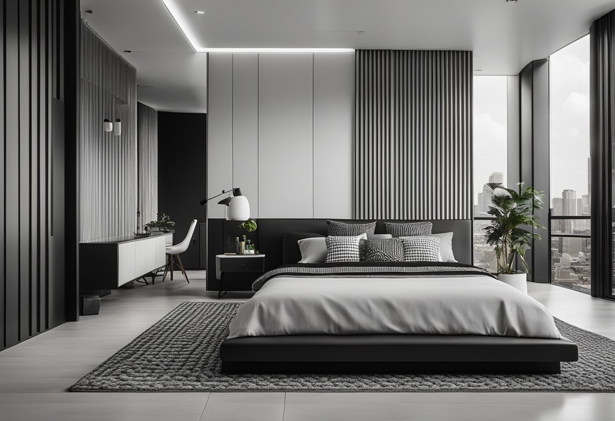 A sleek, modern bedroom with black and white color scheme, featuring clean lines, geometric patterns, and minimalistic furniture
