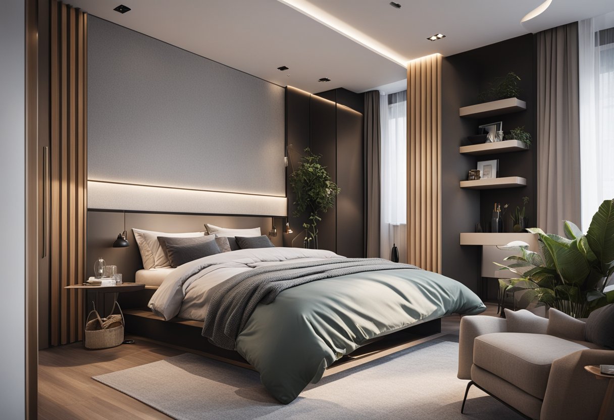 A cozy small bedroom with a connected bathroom, featuring modern design details and elegant finishing touches