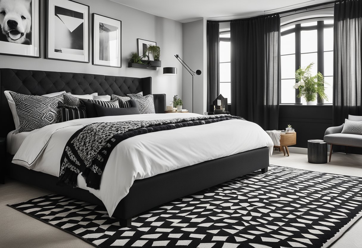 A black and white bedroom with geometric patterns, a cozy rug, and personalized decor. Accessories like throw pillows and wall art add character to the space
