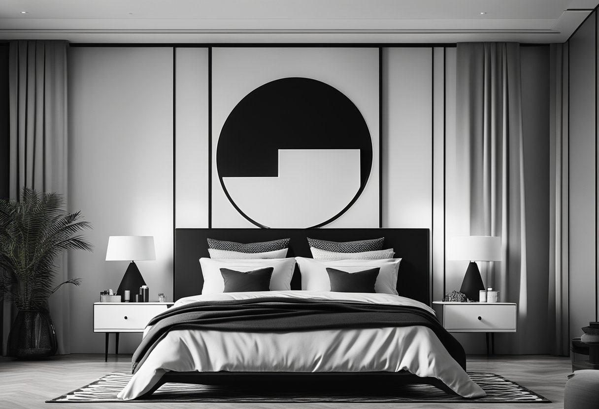 A minimalist black and white bedroom with clean lines, monochrome bedding, geometric patterns, and a sleek desk area