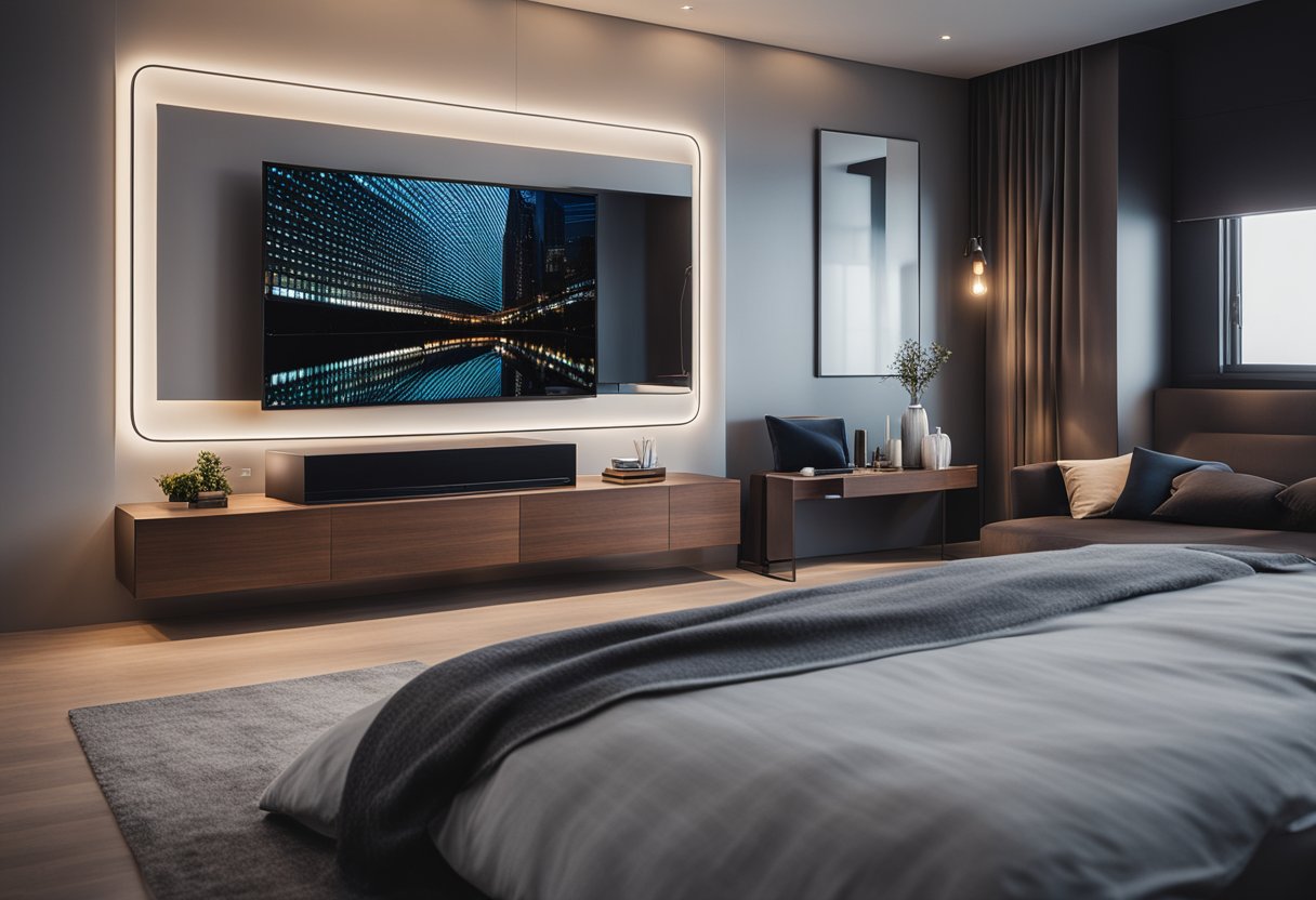 A modern bedroom with a sleek TV mounted on the wall, surrounded by minimalist decor and soft lighting