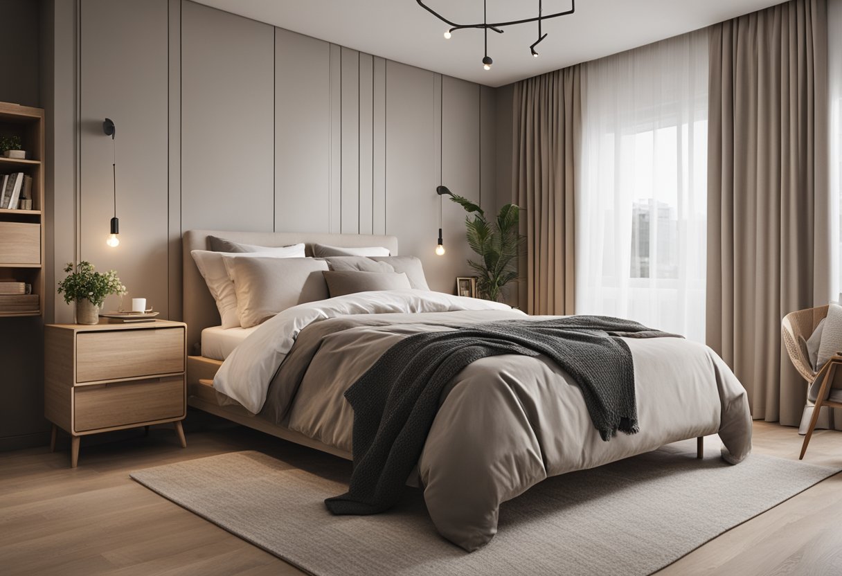 A cozy, compact bedroom with a connected bathroom. Simple, functional furniture and clever storage solutions maximize the space. Neutral colors create a calming atmosphere