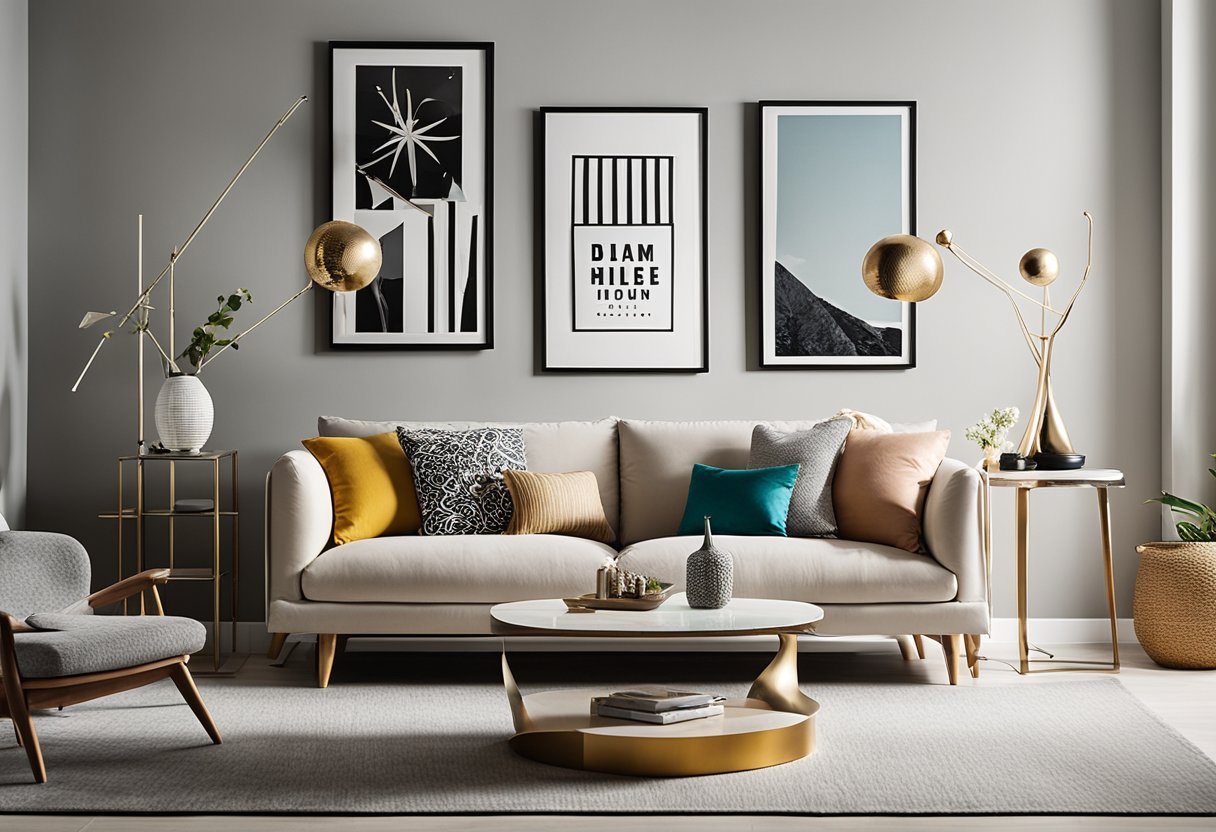 A modern living room with a neutral color palette punctuated by vibrant pops of color in the form of accent pillows, artwork, and decorative objects