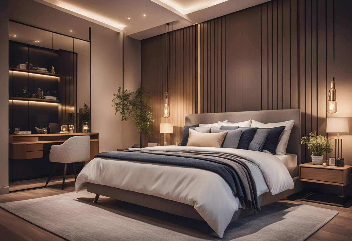 A cozy modern bedroom with a plush bed, soft lighting, and sleek furniture. Warm colors and textured accents create a welcoming atmosphere
