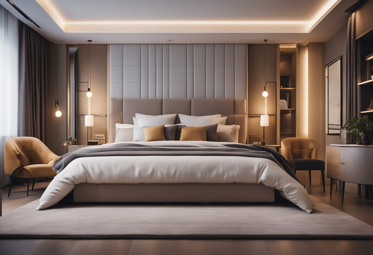 A cozy modern bedroom with a plush bed, warm lighting, sleek furniture, and soft textiles