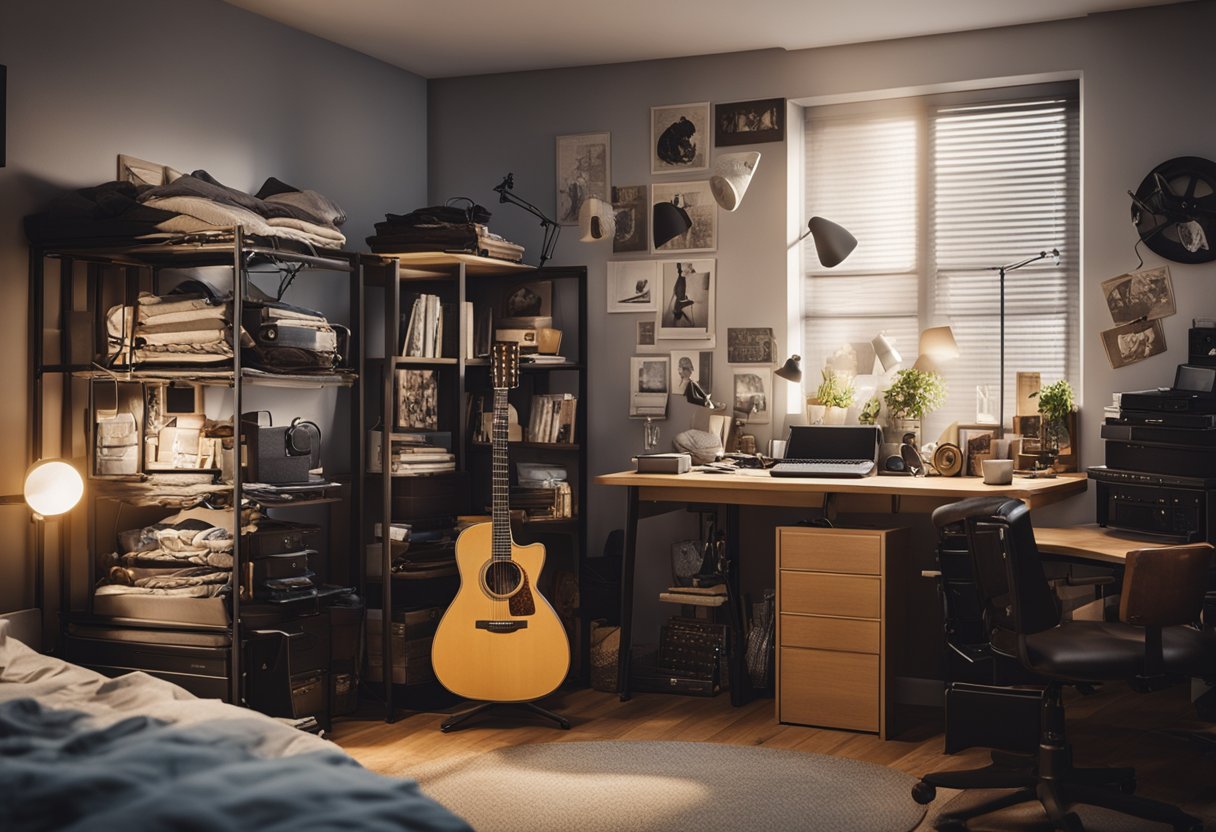 A cluttered bedroom with a desk, bookshelf, and posters on the wall. The bed is unmade, and clothes are strewn about. A guitar sits in the corner