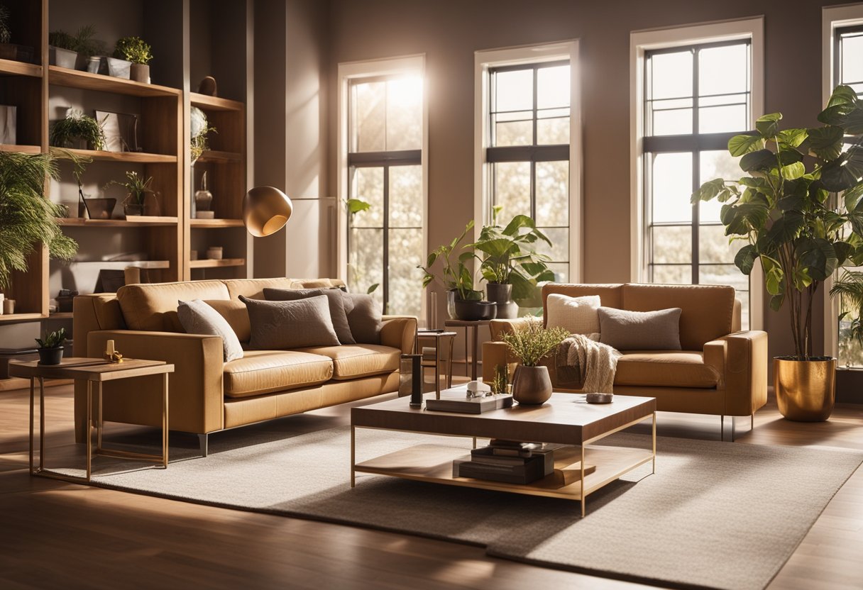 A living room with warm, earthy hues on the walls and furniture. Sunlight filters through the windows, casting a golden glow on the space