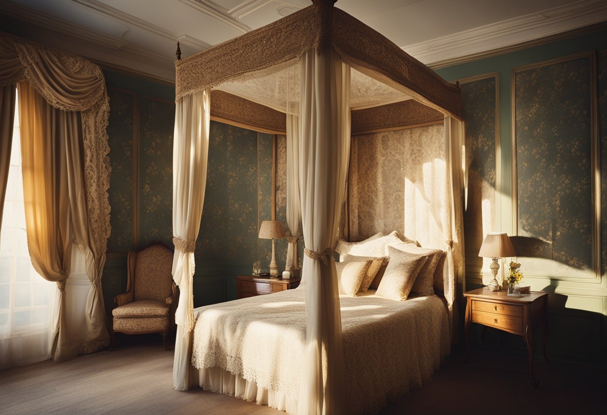 A vintage bedroom with floral wallpaper, a four-poster bed, lace curtains, and antique furniture. Sunlight streams through the window, casting a warm glow over the room