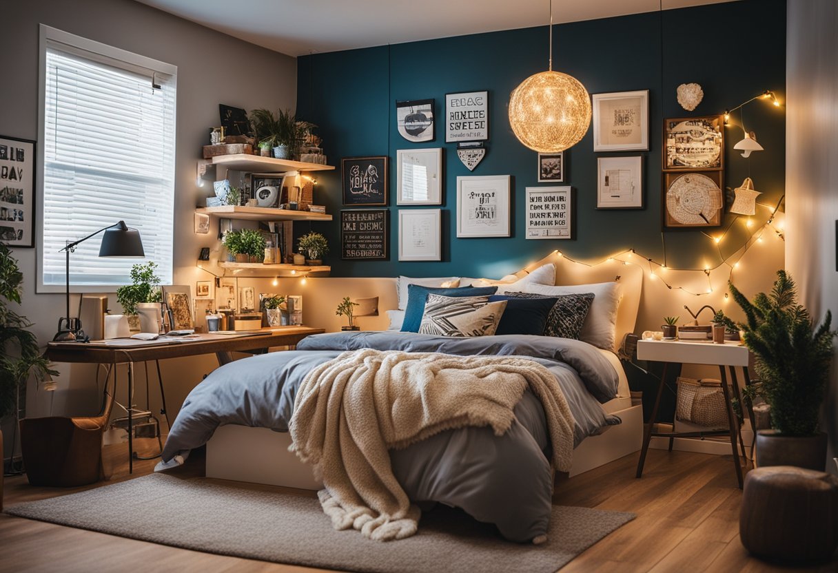 A cozy teenage bedroom with a loft bed, string lights, a study area, and wall art. Colorful and organized with a mix of modern and vintage decor