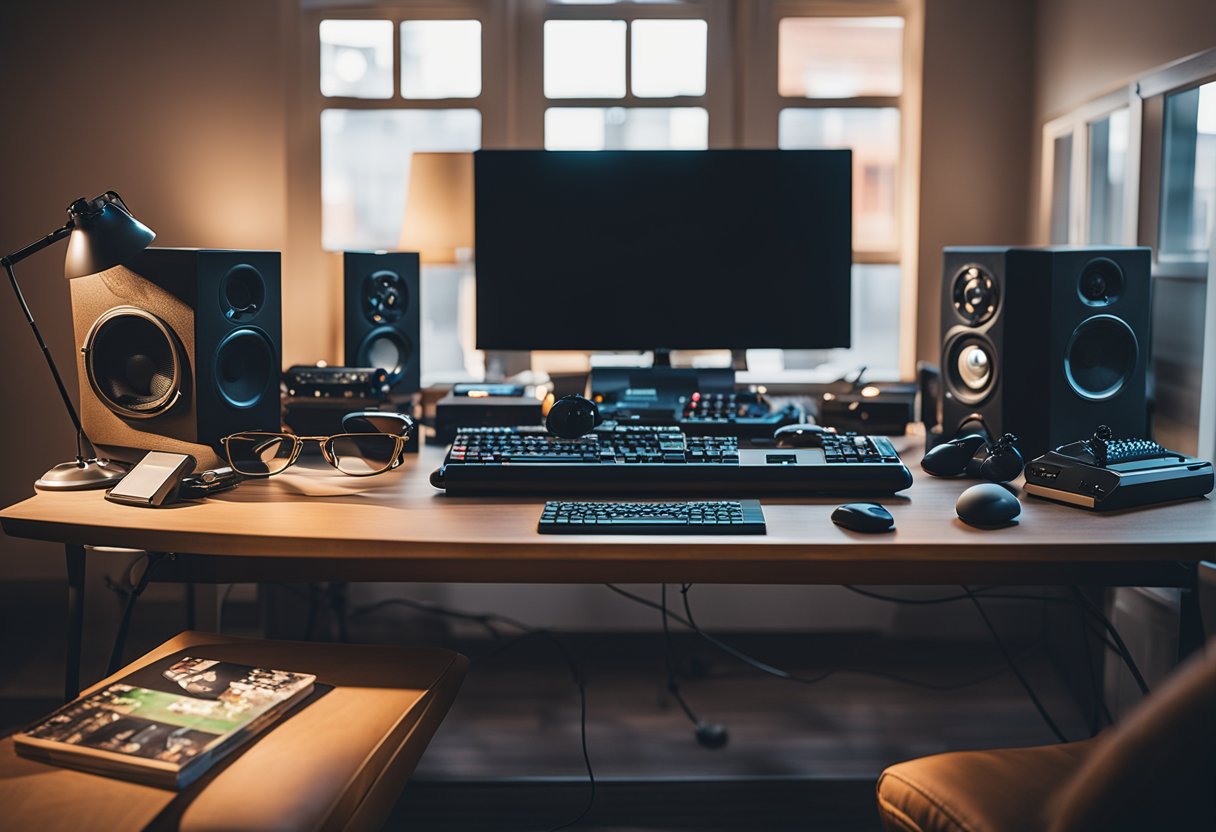 A cluttered desk with a computer, posters on the walls, a gaming console, and a cozy bed with a sports-themed comforter