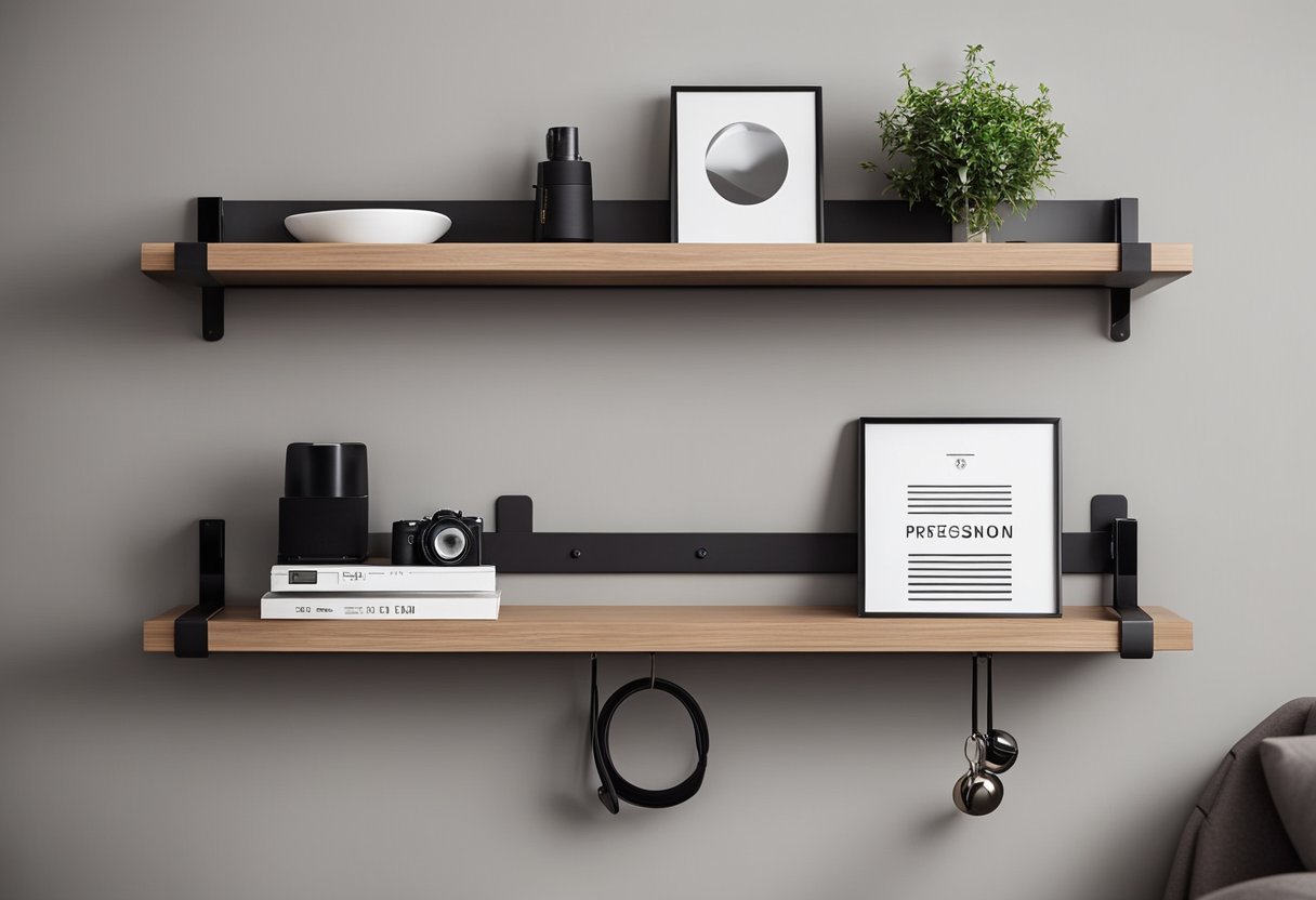 A wall rack with sleek, minimalist shelves and hooks for hanging items, mounted on a clean, modern bedroom wall