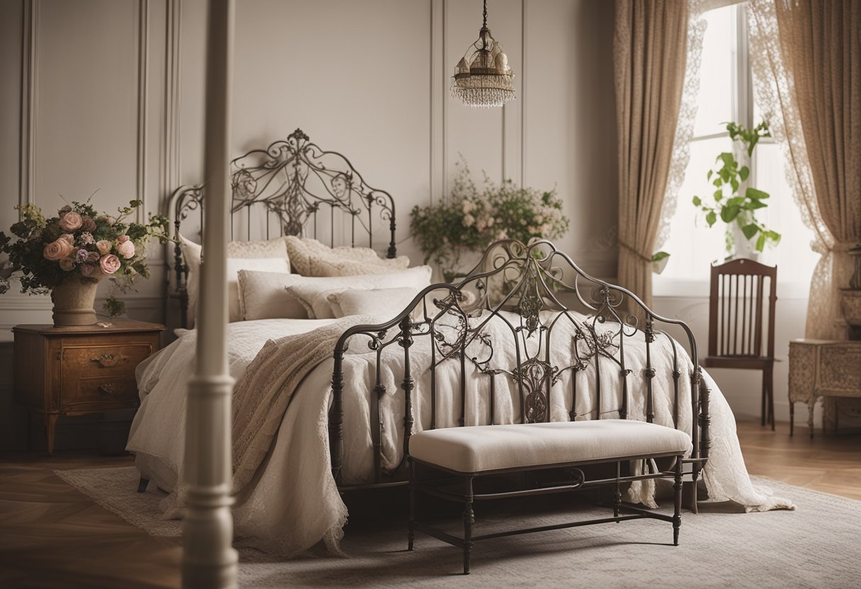 A cozy vintage bedroom with a wrought iron bed, floral wallpaper, lace curtains, and antique furniture. A soft, muted color palette with delicate accents and vintage decor creates a serene sanctuary