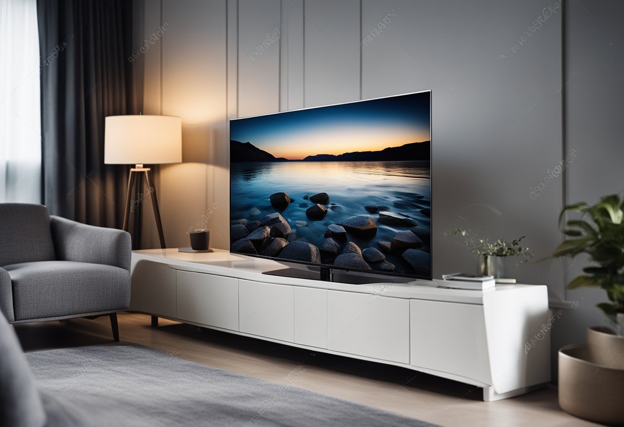A person stands in a bedroom, carefully choosing a sleek and modern TV console to fit perfectly within the space