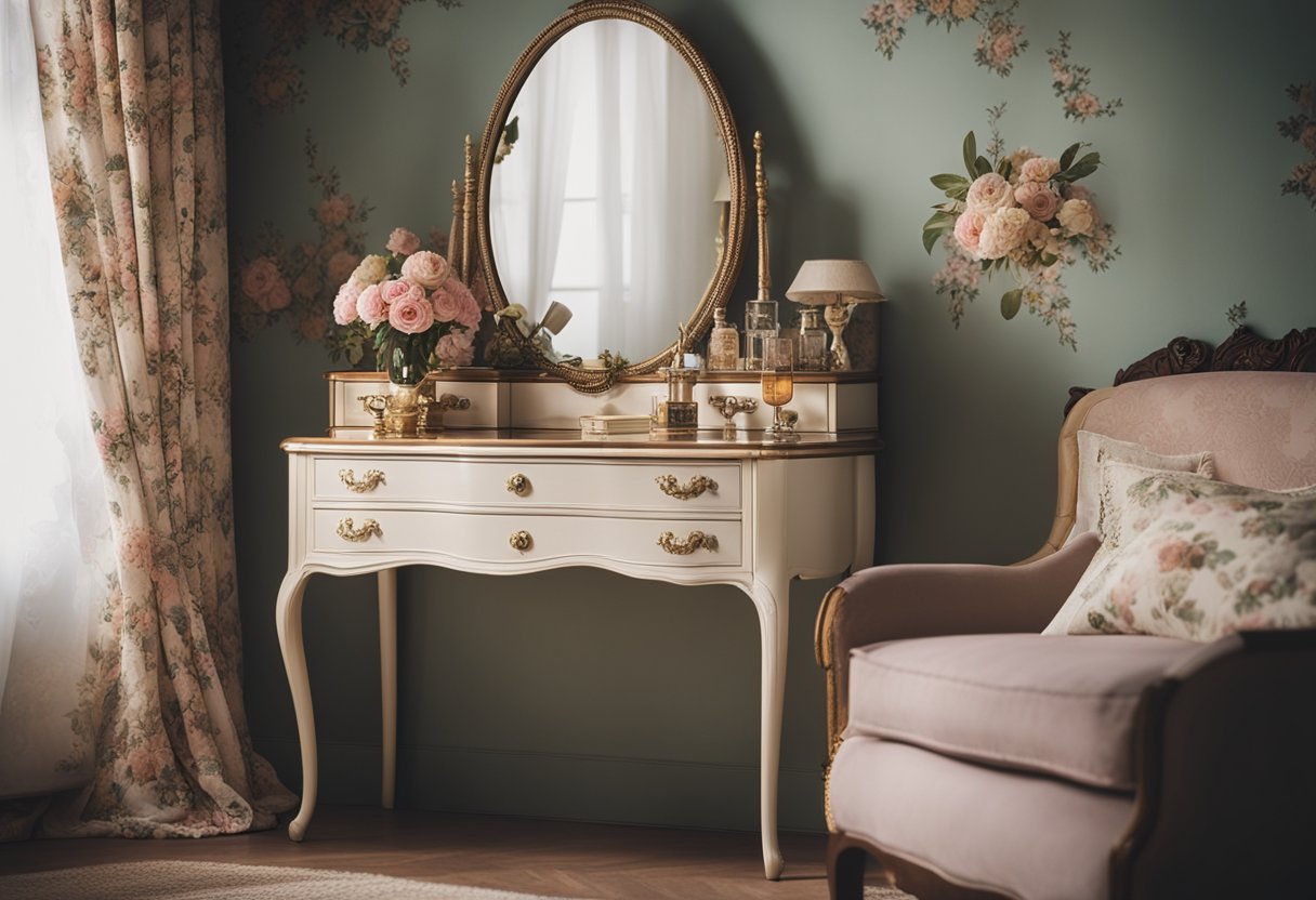 A cozy vintage bedroom with floral wallpaper, lace curtains, and antique furniture. A vanity table adorned with vintage perfume bottles and a floral patterned duvet on the bed