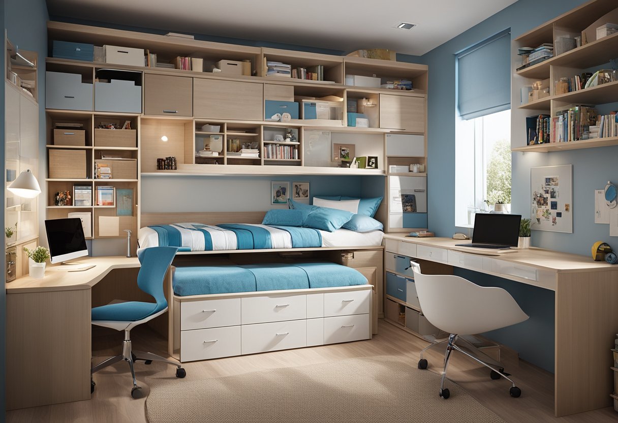 A tidy, organized teenager's bedroom with clever storage solutions and space-saving furniture. Shelves, drawers, and under-bed storage maximize the use of space