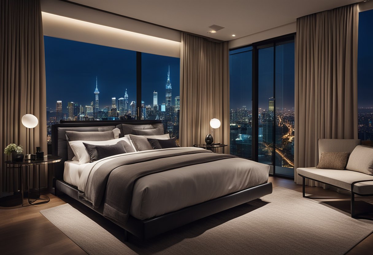 A modern bedroom with a sliding glass door leading to a balcony, with a view of the city skyline at night