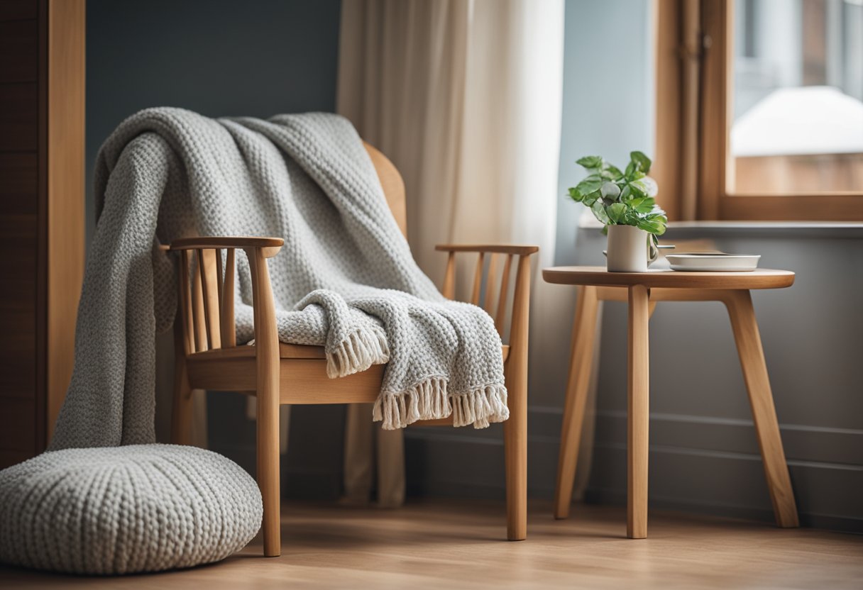 A wooden chair sits by a bedroom window, adorned with a soft cushion and a cozy throw blanket draped over the backrest