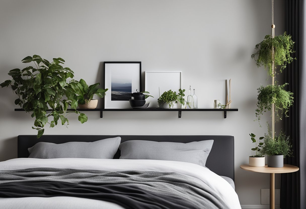 A sleek, modern wall rack hangs above a neatly made bed, holding books, plants, and decorative items. The rack features clean lines and minimalist design, adding functionality and style to the bedroom