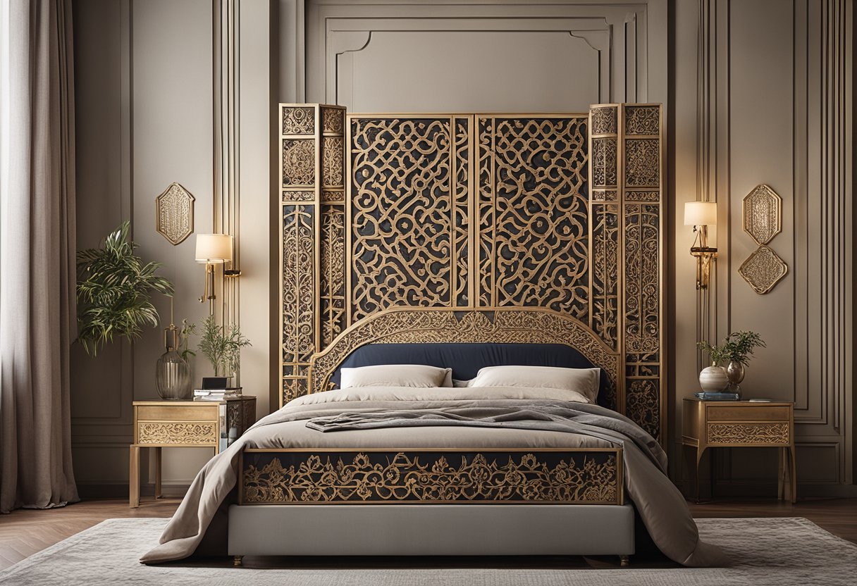 A bedroom with intricate woodwork designs on the headboard, bedside tables, and wardrobe, showcasing various styles such as carved patterns, sleek lines, and ornate details