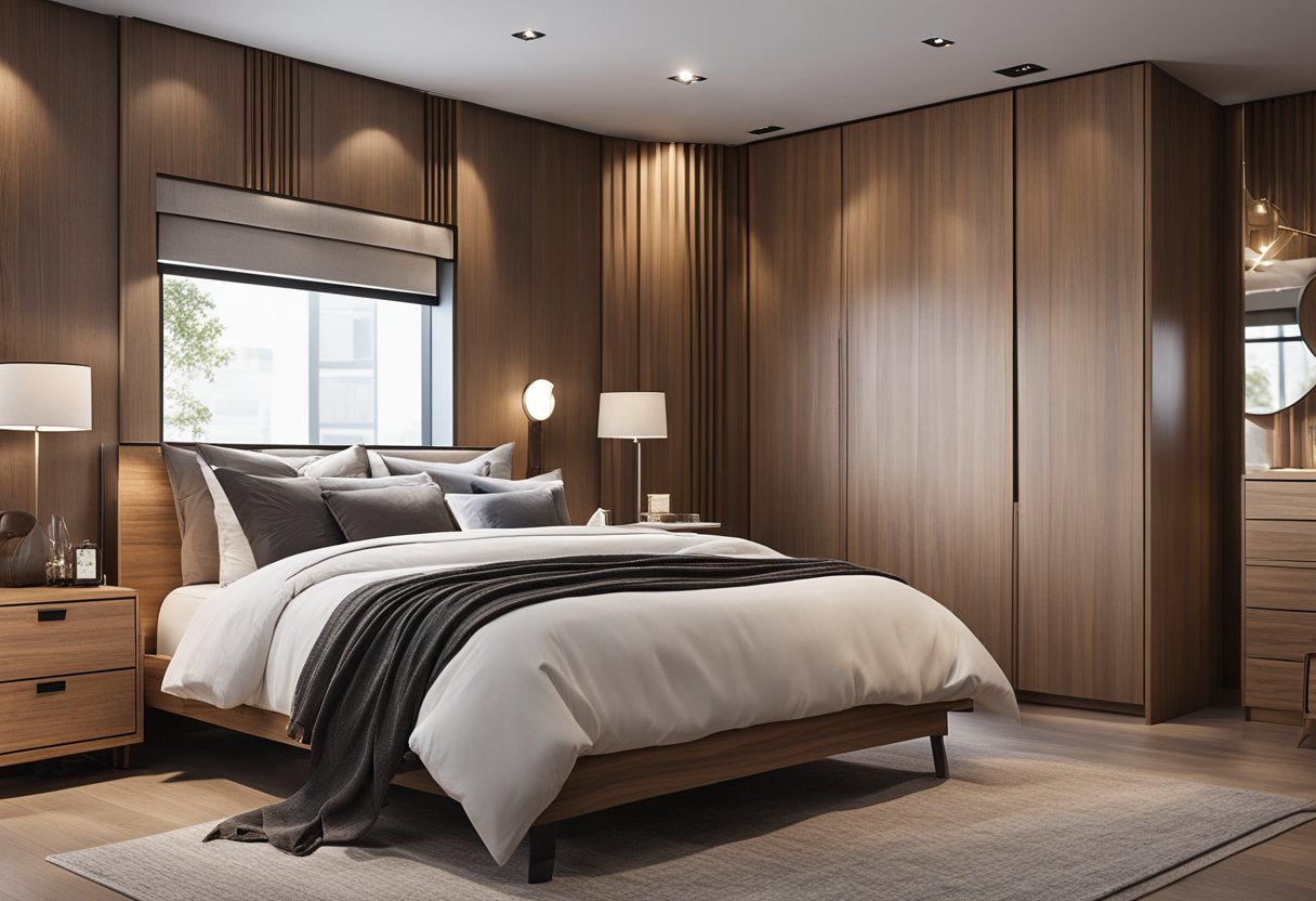 A cozy bedroom with a wooden bed frame, nightstands, and a dresser. The room also features a wooden accent wall and a built-in wooden wardrobe