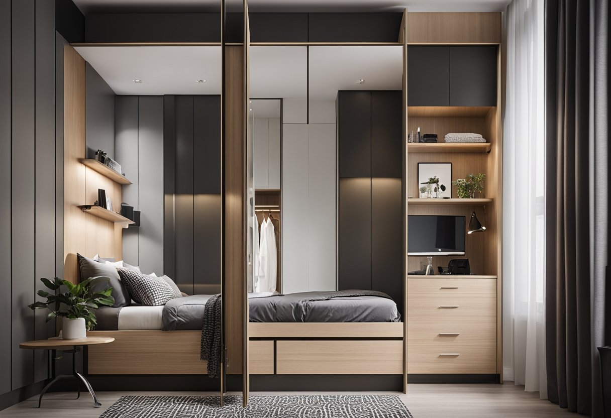A small bedroom with a wardrobe featuring sleek, modern designs and a mirror on the door