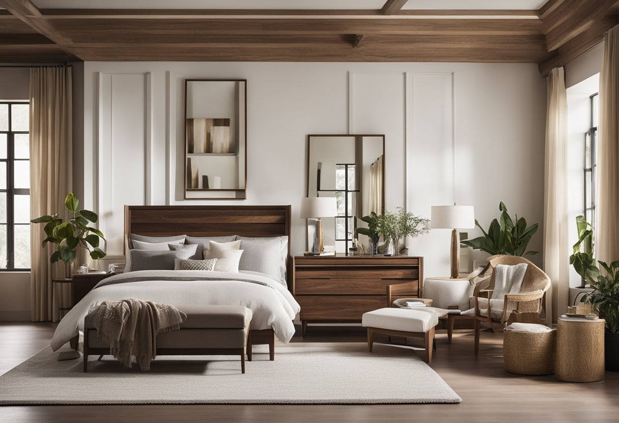 A bedroom with various wooden chair styles, including classic, modern, and rustic designs. Each chair is placed near a different type of bedroom furniture, such as a bed or dresser